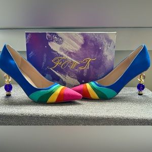 A FOWT Navy Rainbow Pattern Pointed Toe Jewelry High Heel Party Pumps Dress Shoe
